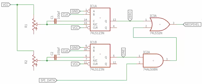 Schematic of SPI to NeoPixel circuit using 74HC123