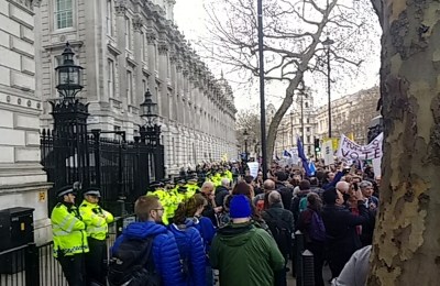 Jubilant crowds at the gates of Downing Street. (Jenny List)